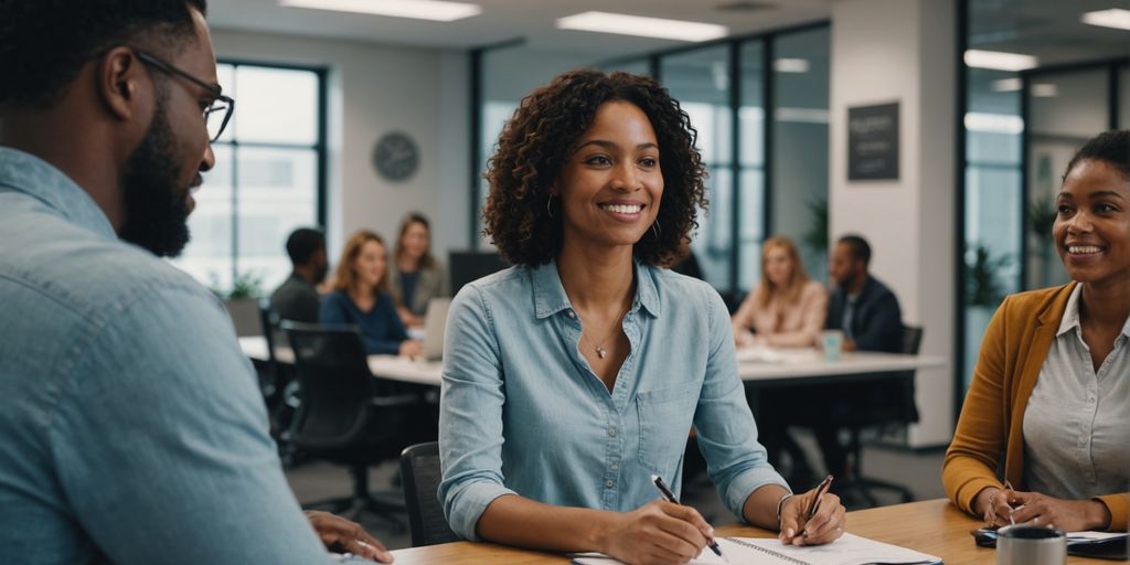 AI assistant engaging with diverse customers in modern office.