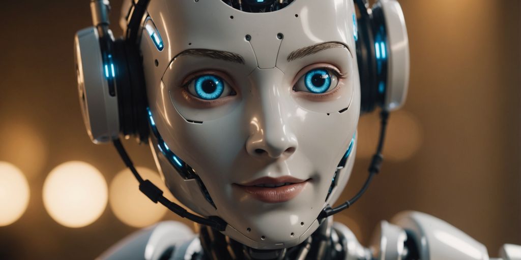 Humanoid robot with expressive eyes and gentle smile.