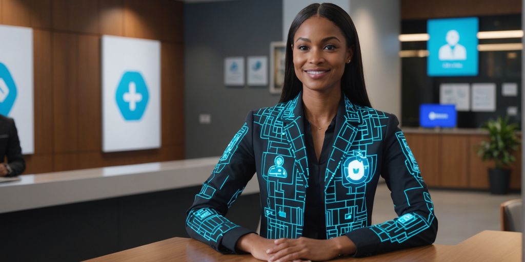 AI receptionist hologram greeting diverse professionals