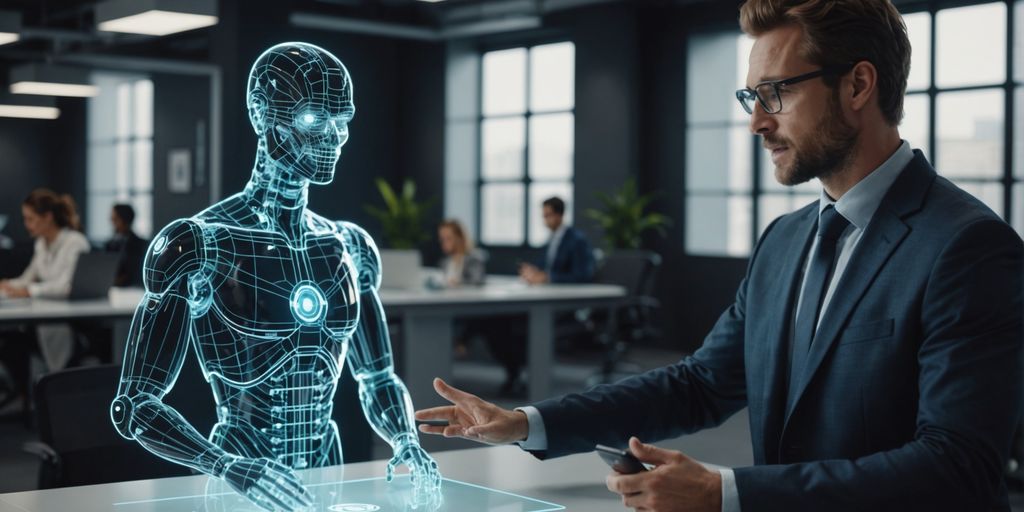 Professional with AI hologram in office