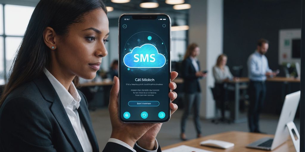 Professional using smartphone with holographic SMS notifications.