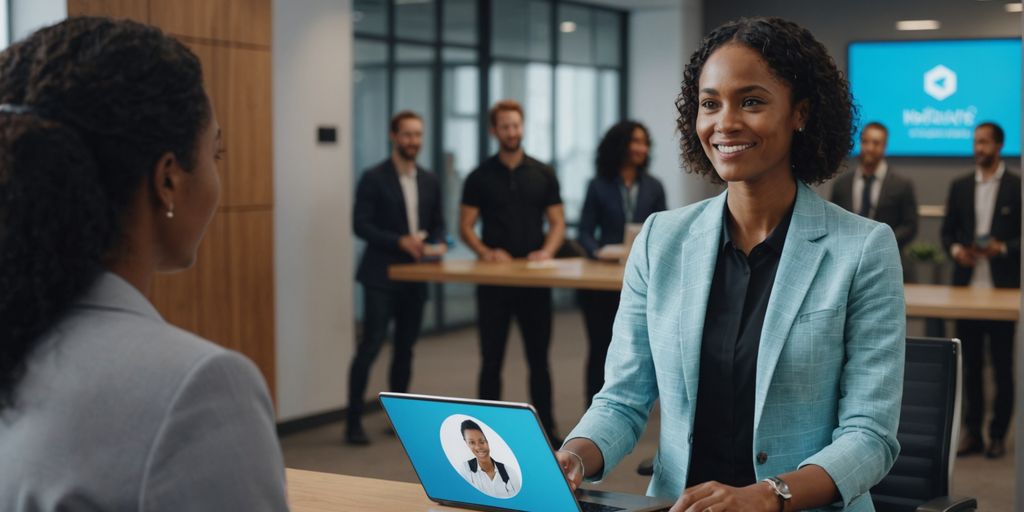 AI receptionist greeting diverse customers in office lobby