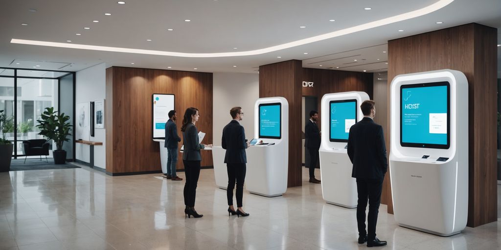 AI receptionist kiosk in a modern office lobby.
