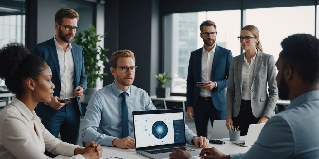 Diverse team discussing AI technology in modern office.