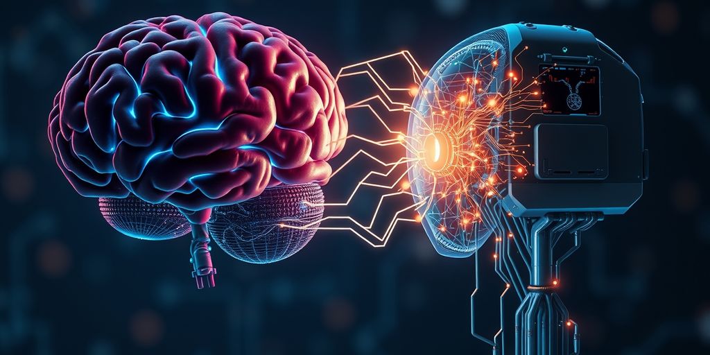 Human and digital brain with glowing circuits