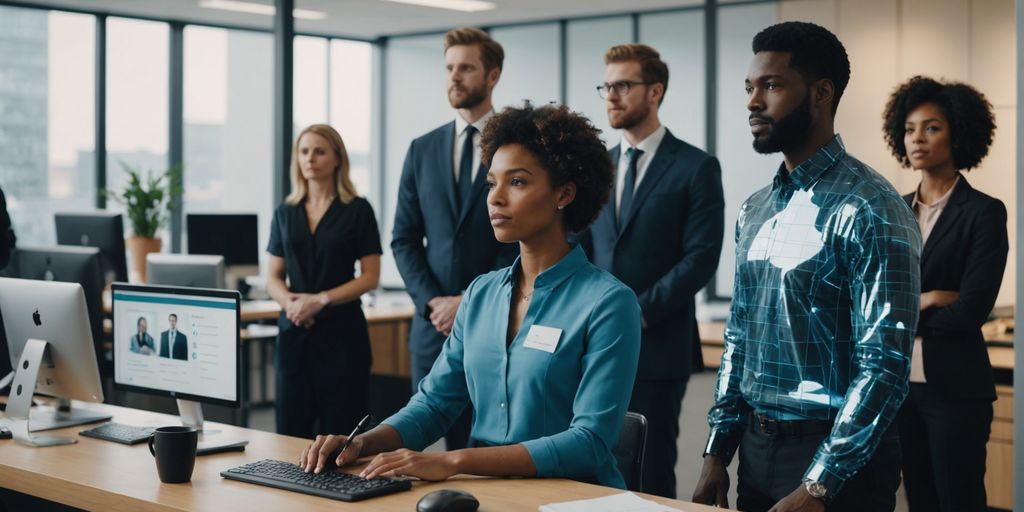 AI hologram receptionist in a diverse office