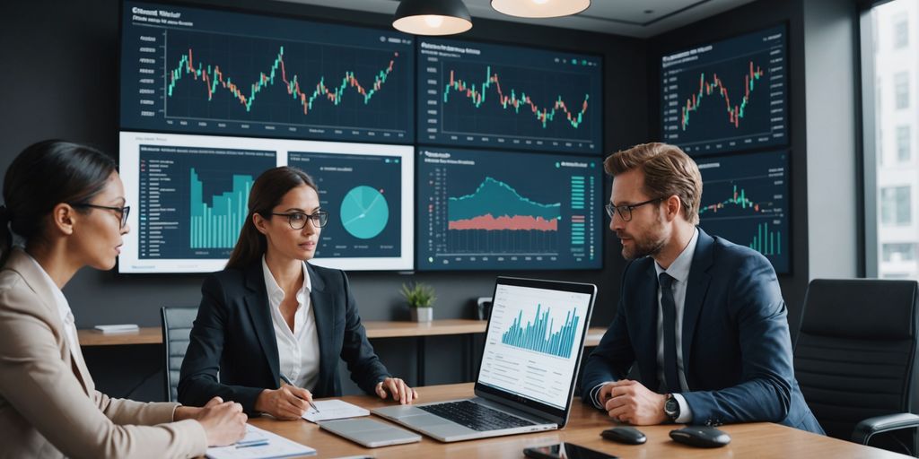 Financial analysts discussing AI-driven financial management.