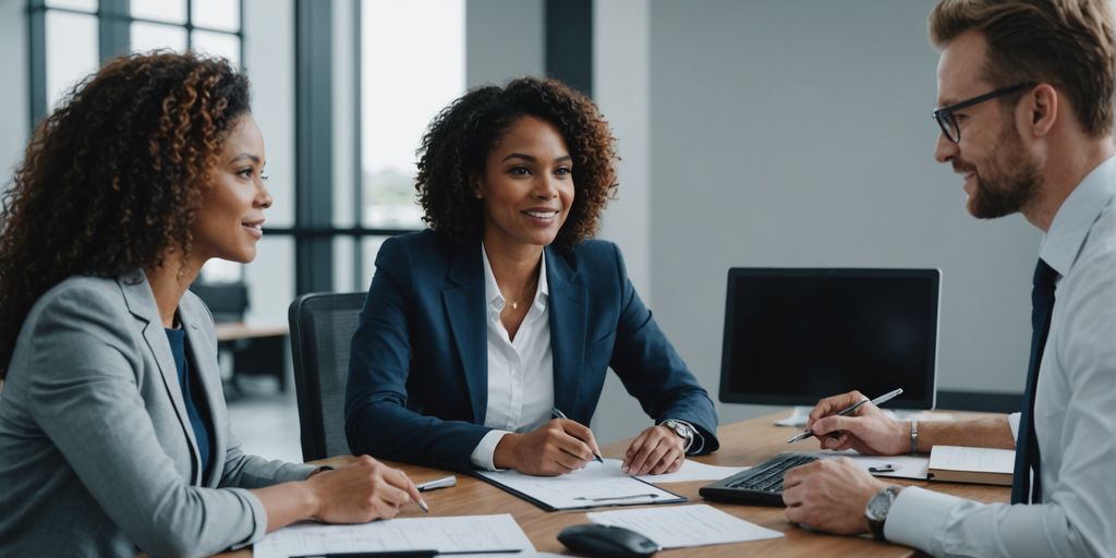 Business meeting discussing AI receptionist program