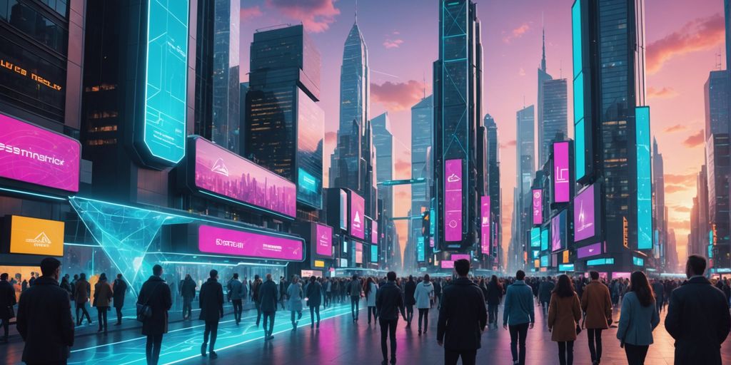 AI holograms interacting in a futuristic cityscape