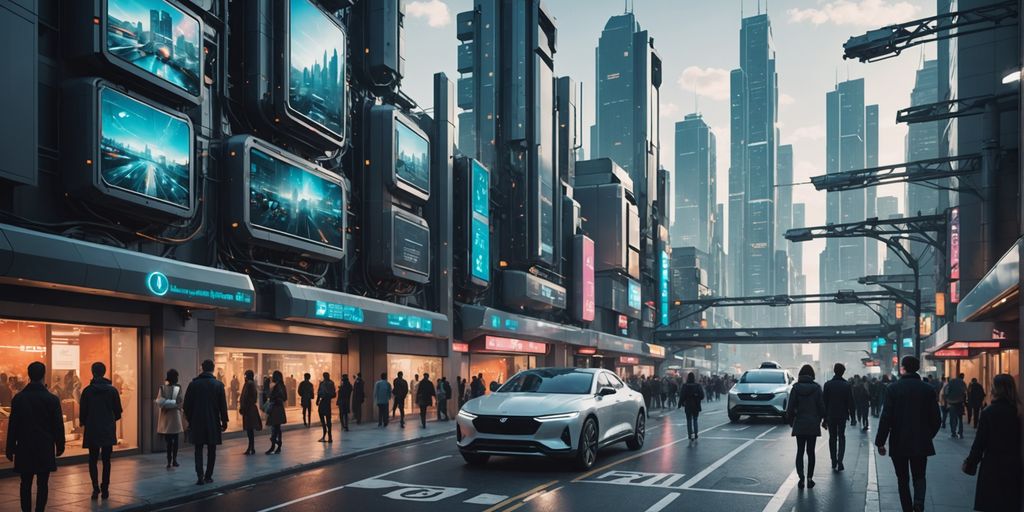 AI robots and humans interacting in a futuristic city