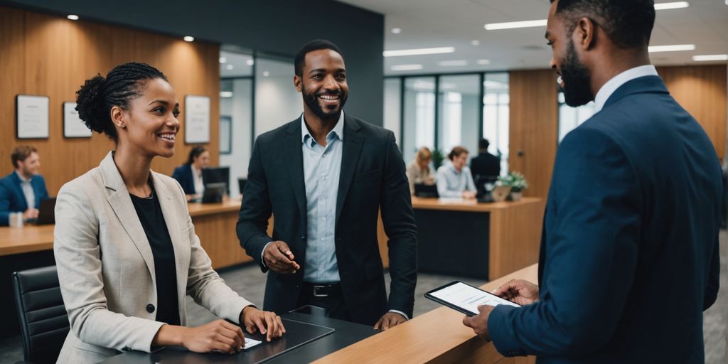 Diverse group with AI receptionist in office lobby