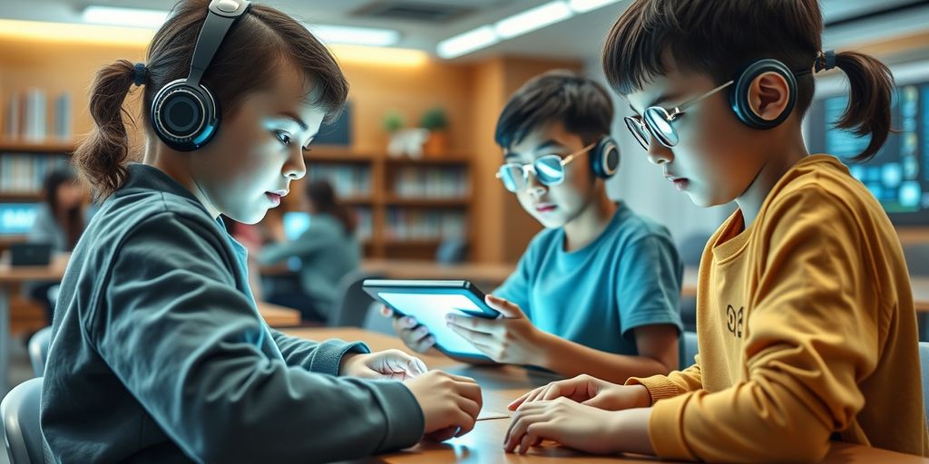 Students using AI devices in a futuristic classroom.