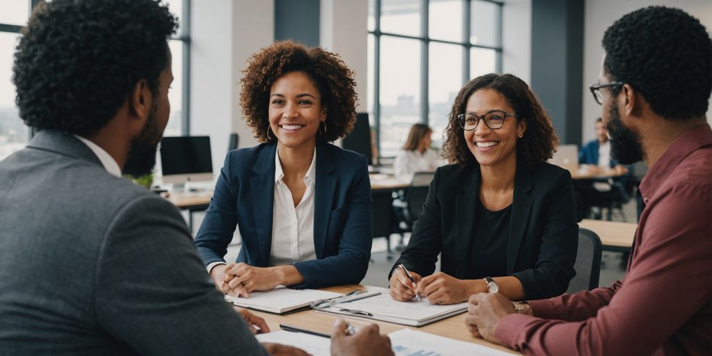 Diverse group in office, smiling and talking.