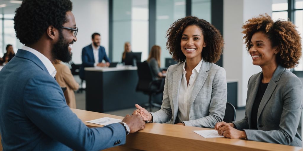 Diverse group with AI receptionist at office.