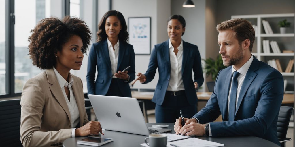 Business meeting discussing AI receptionist services.