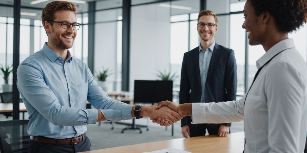 Businessperson shaking hands with AI robot