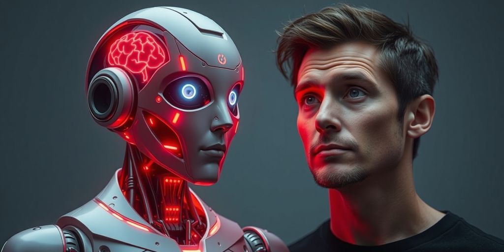 Robot with glowing brain beside thoughtful human.