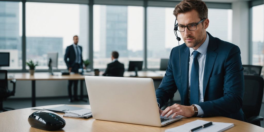 Businessperson reviewing VoIP provider options on laptop.