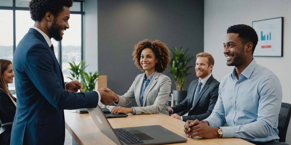 Diverse group with AI receptionist in modern office.