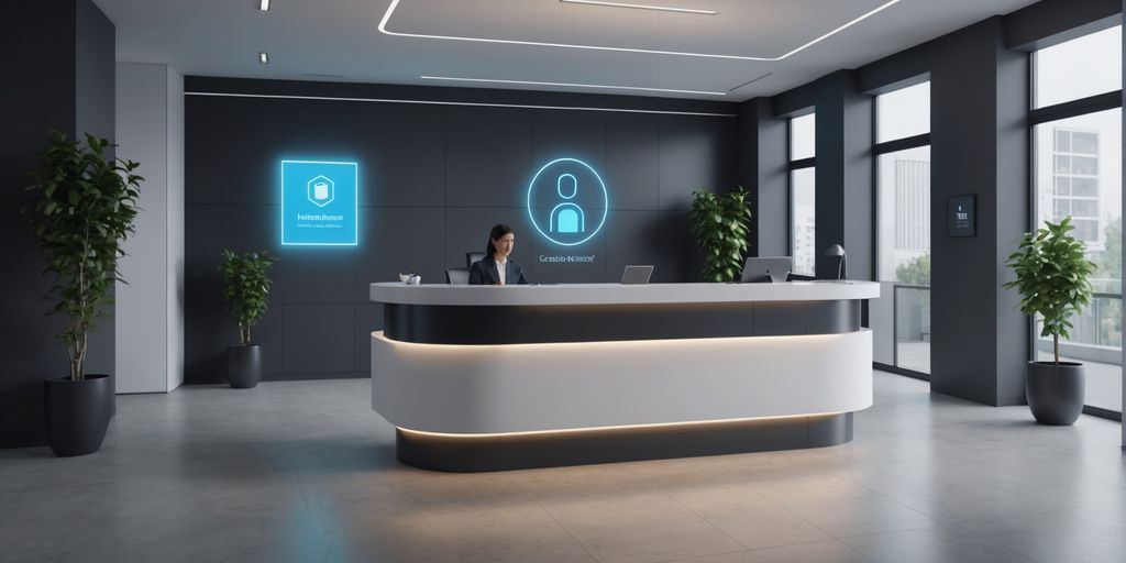 AI assistant hologram greeting visitor in modern office