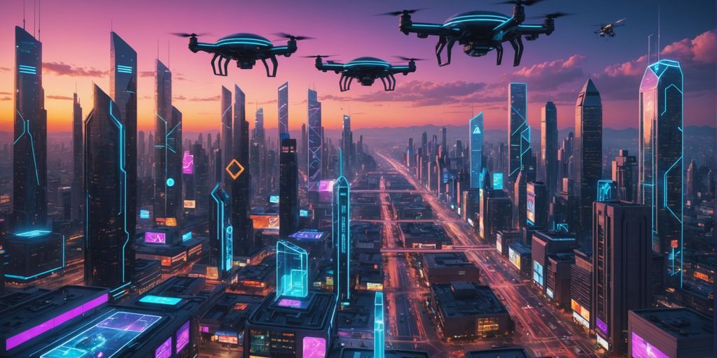 Futuristic city with AI holograms and drones