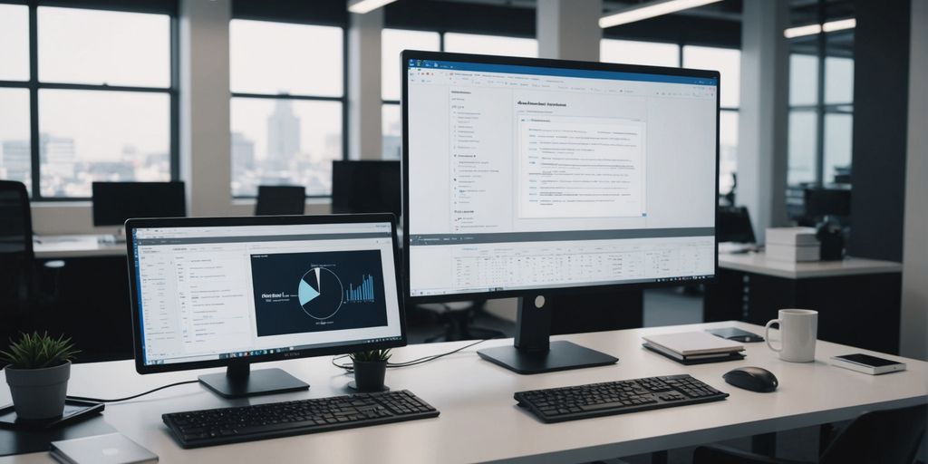 Modern office desk with computer and notebook
