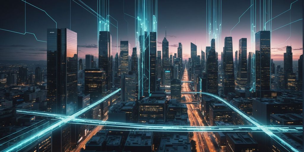 Futuristic city with glowing data streams