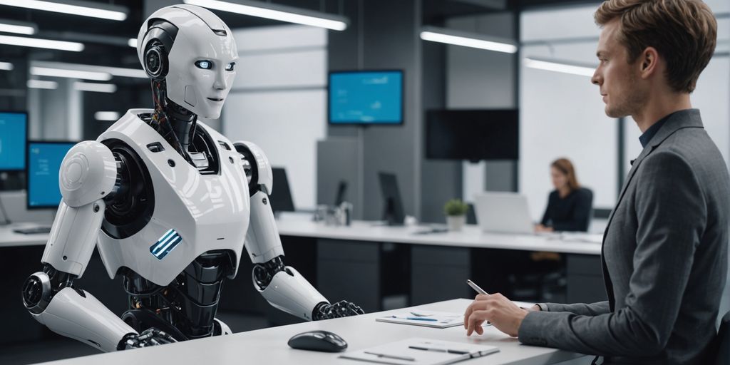 Robot and human in a futuristic office