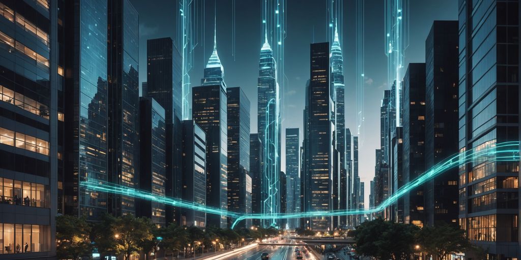 Futuristic city with glowing data streams