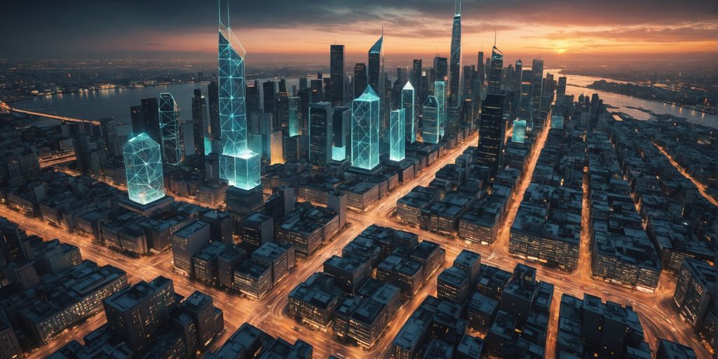 Futuristic city with neural network overlay