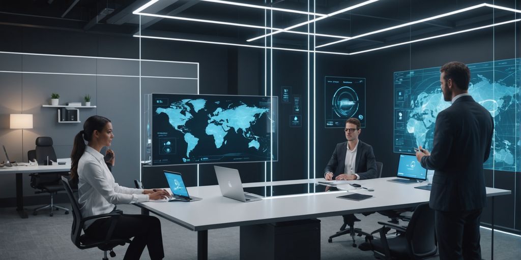 AI holograms in a futuristic office.