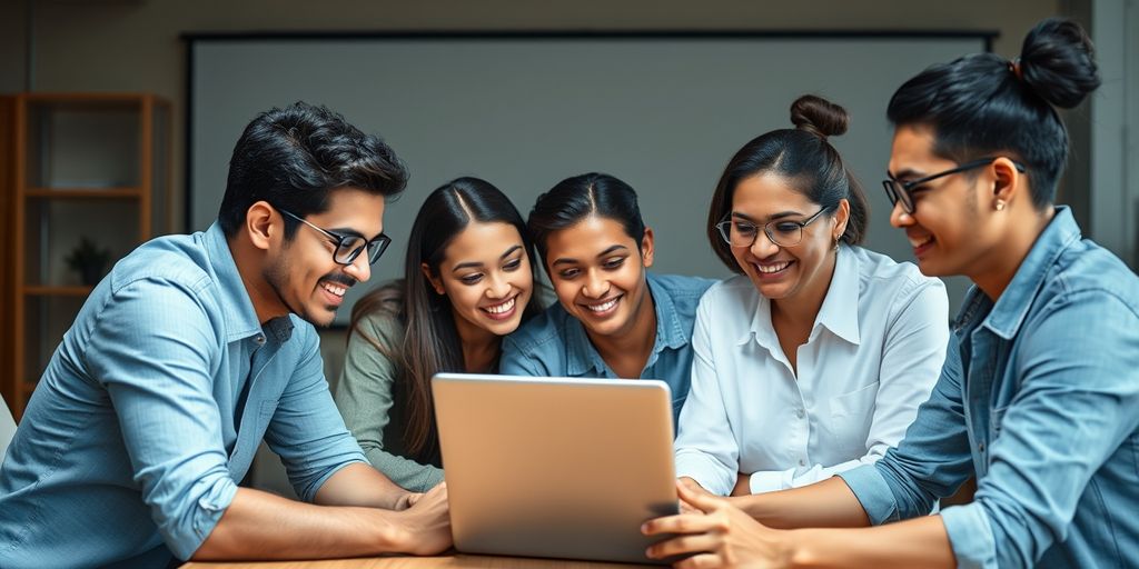Diverse group collaborating around a laptop