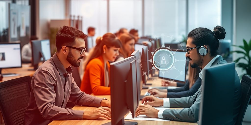 Professionals collaborating in a busy office