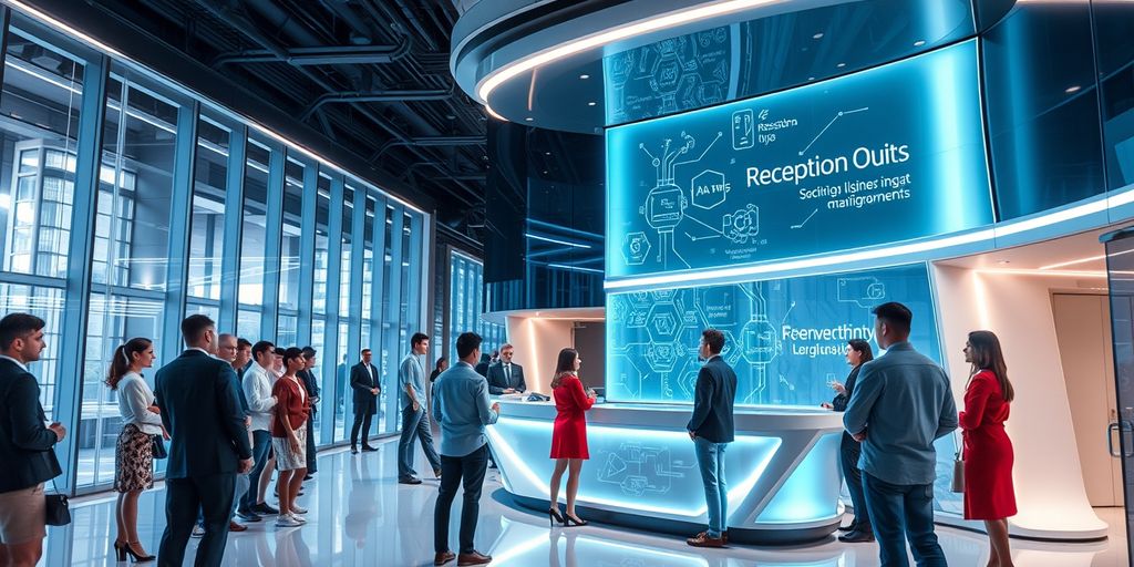 AI receptionist hologram in modern office lobby