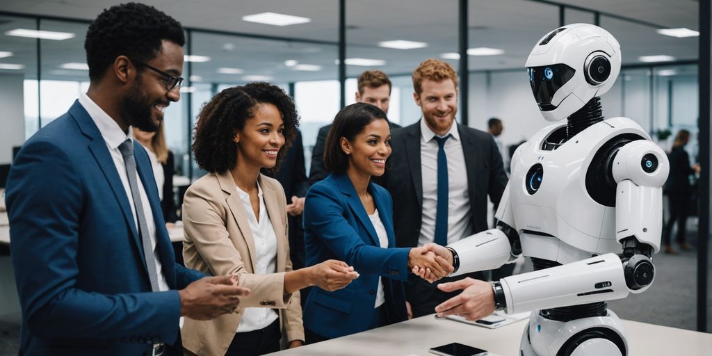 Diverse group with AI robot in office
