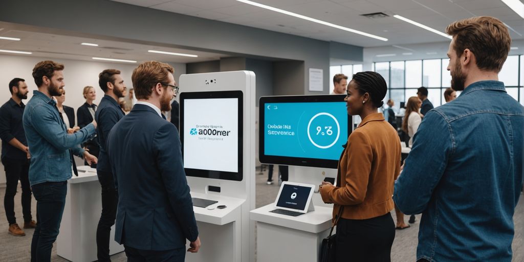 People using AI customer service kiosks in an office.