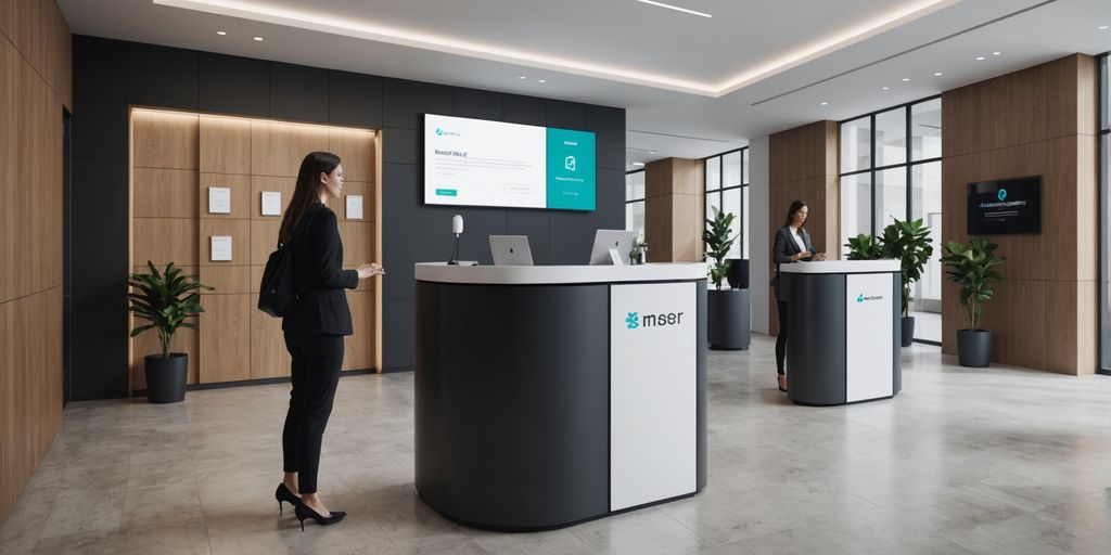 AI receptionist in modern office lobby