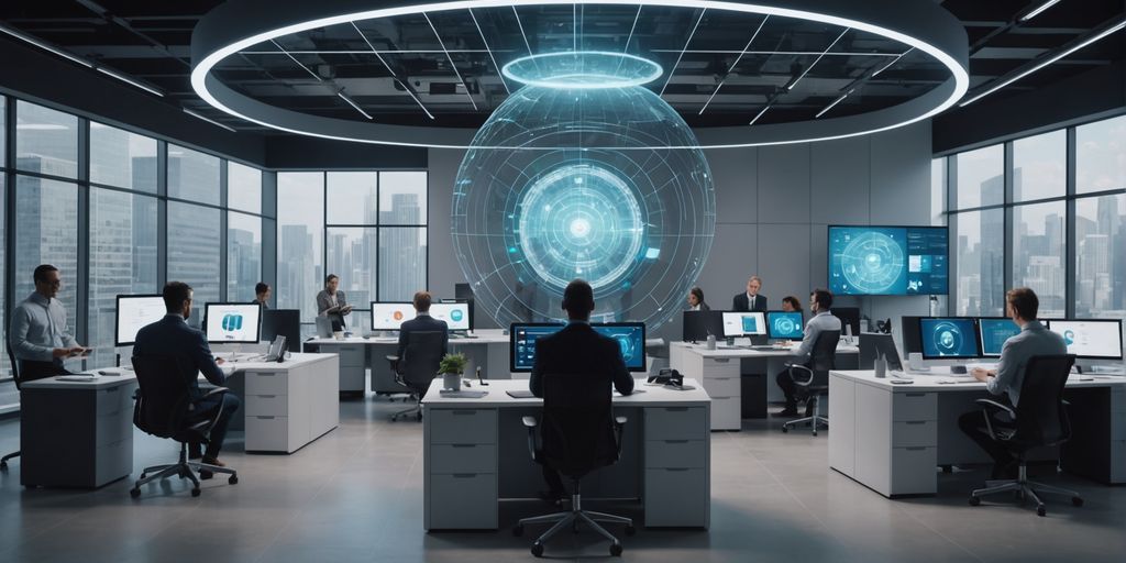 AI hologram in modern office with diverse employees.