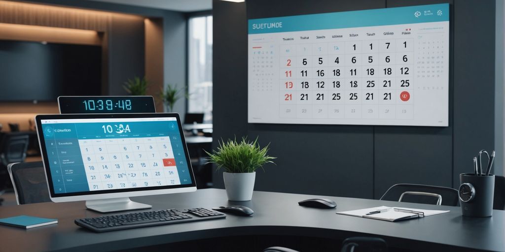 Futuristic receptionist desk with holographic calendar and clock.