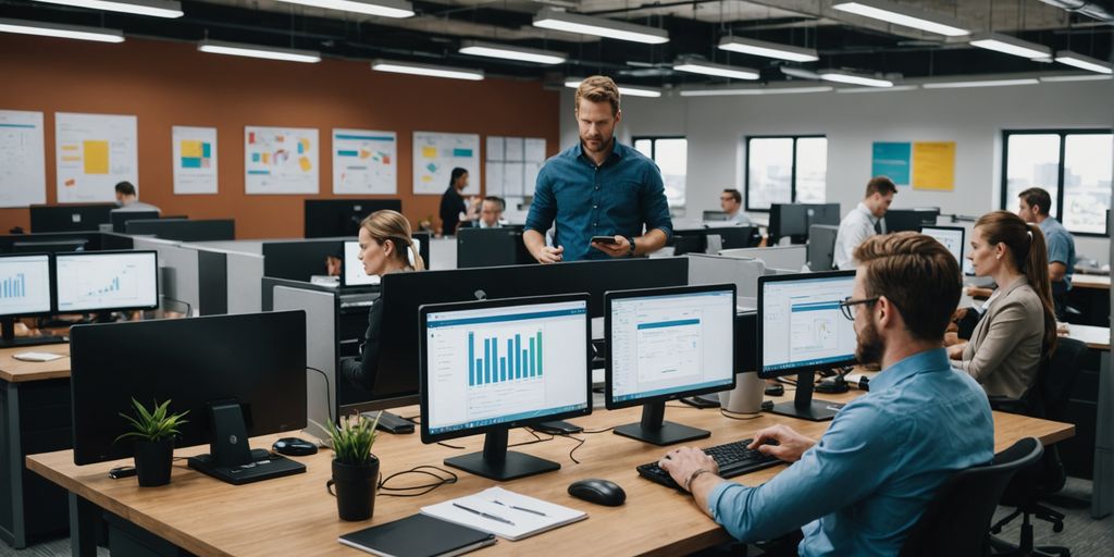 Office with employees, manager, and smartphone messaging app.