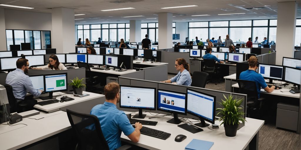 Office with employees using computers, illustrating Microsoft Teams integration.