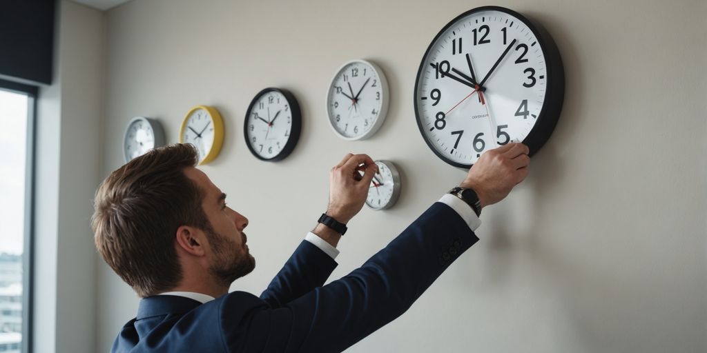 Person adjusting clock in office