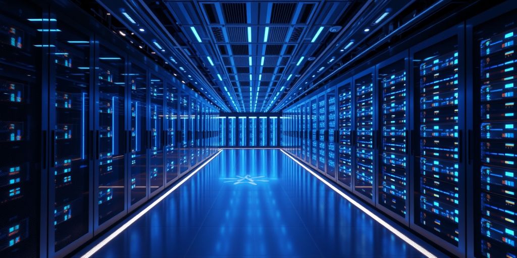 Futuristic AI server room with glowing blue lights.