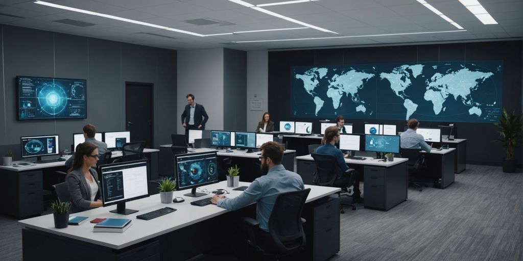 Modern office with AI hologram and employees working.