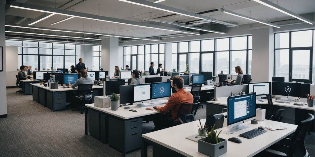 Modern office with employees collaborating and using AI tools.
