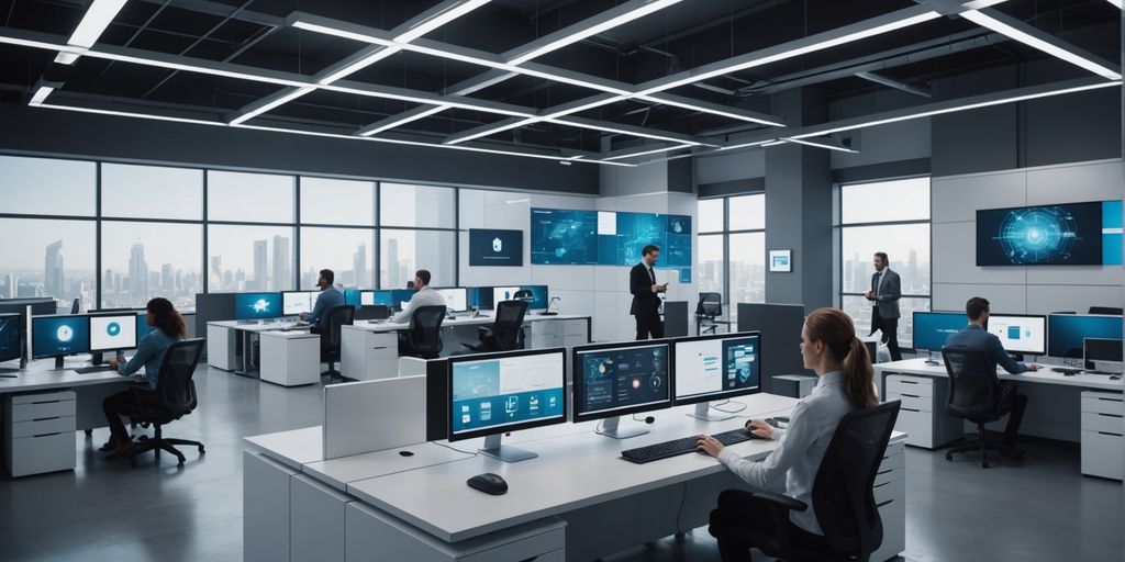 Modern office with employees using digital devices