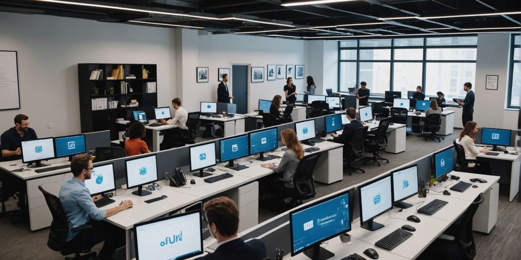 Modern office with employees and computers.