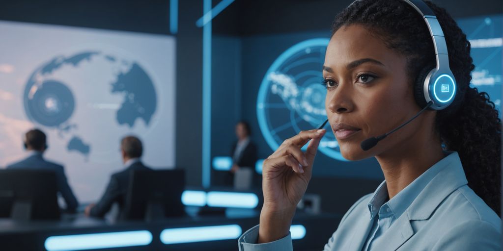 Customer service rep with AI hologram in crisis management.