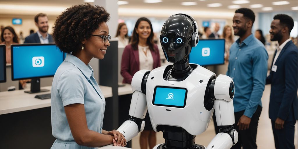 AI robot helping customers in service center.