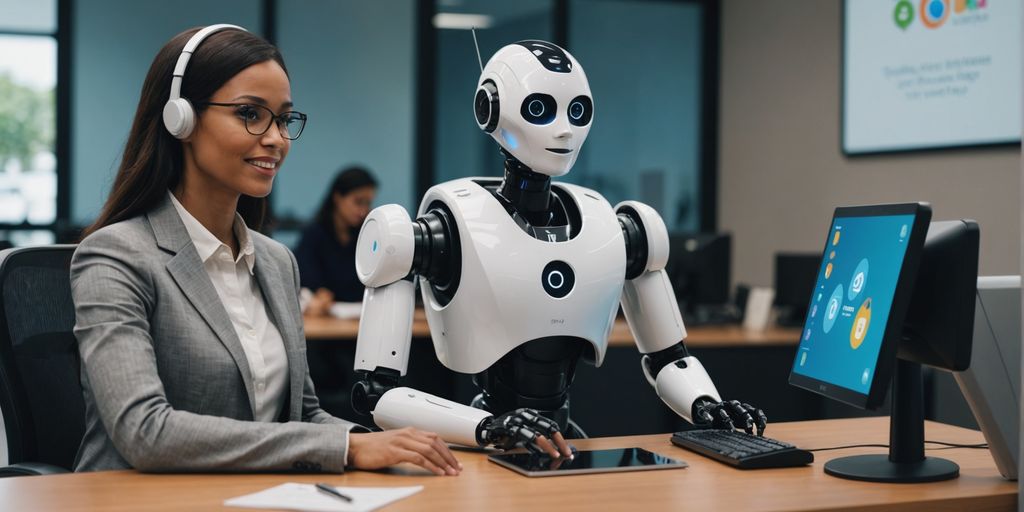 AI robot helping customer service rep